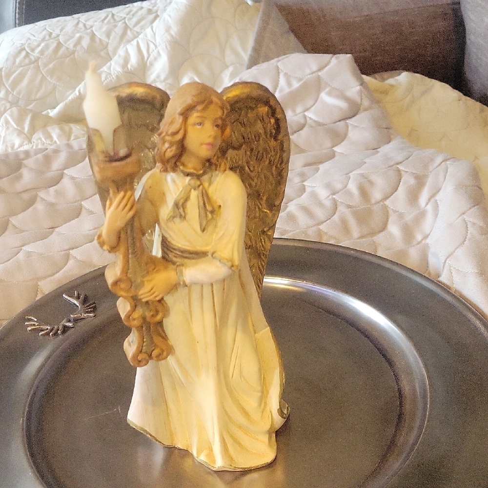 Antique Italian Fontanini Angel Figurine with Candle Holder& tiny Candlestick